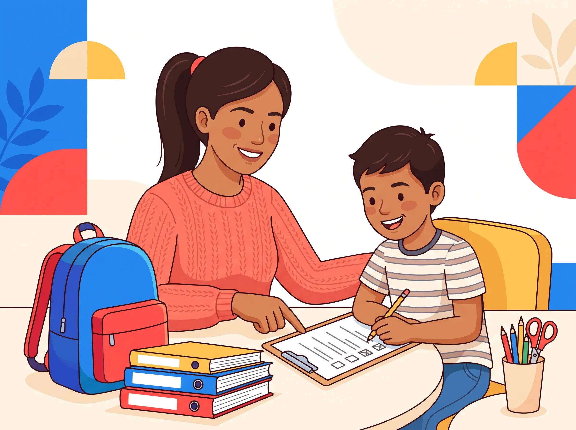 Mamá revisando junto a su hijo un checklist de útiles escolares en un clipboard, con mochila y libros sobre la mesa