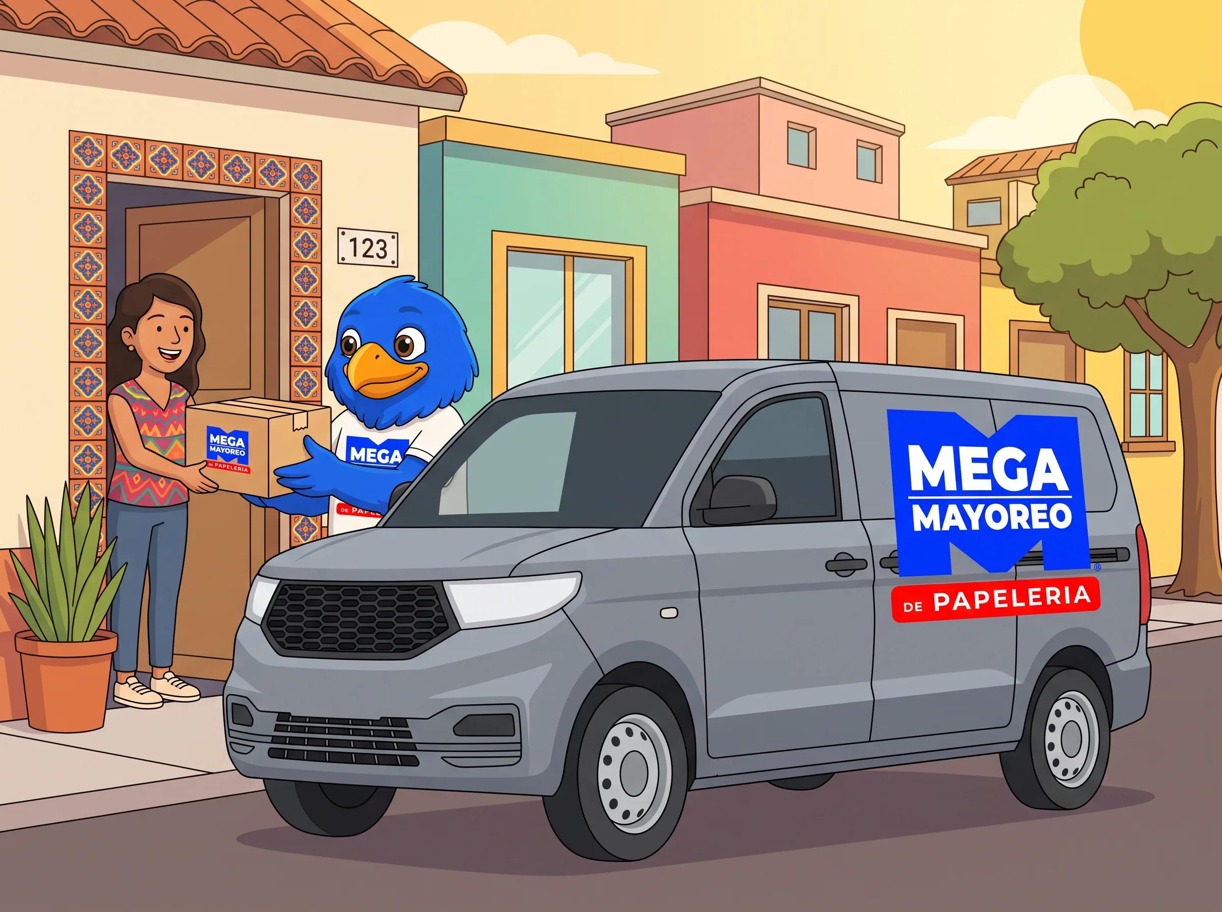 Mayos, la mascota de Mega Mayoreo, entregando una caja a una clienta sonriente en la puerta de su casa, con la camioneta de reparto de la marca