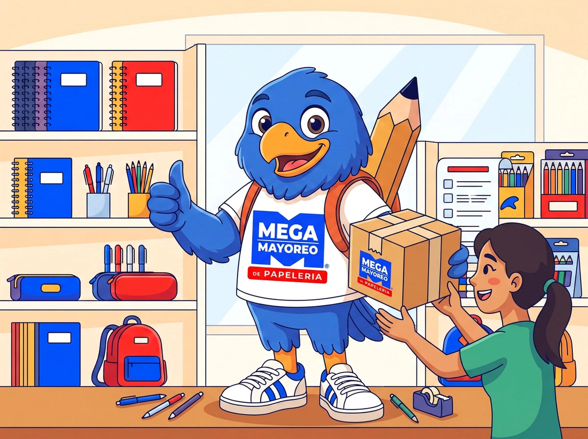Ilustración de Mayos, la mascota de Mega Mayoreo, entregando un paquete sellado a una clienta en el mostrador de una sucursal