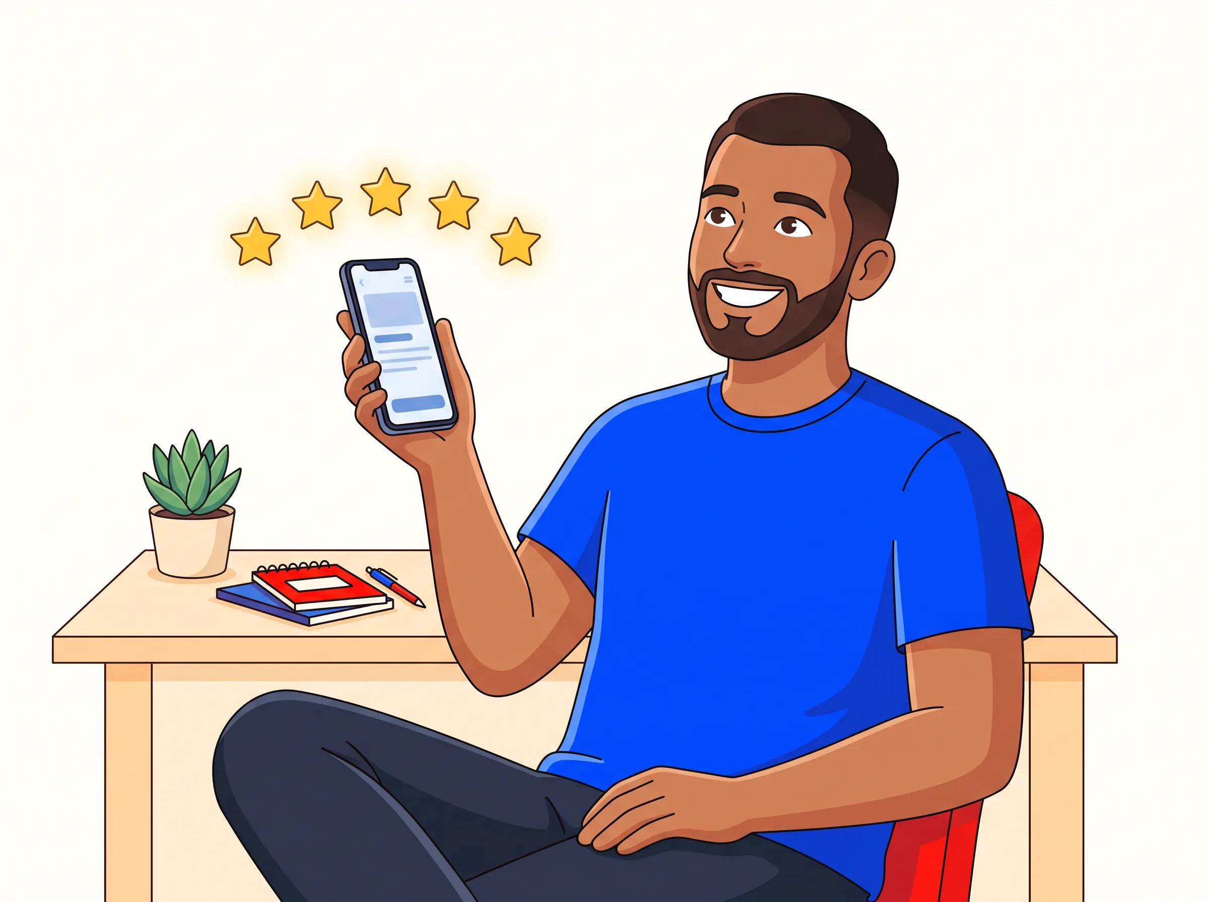 Cliente sonriente sosteniendo su teléfono con cinco estrellas de reseña flotando arriba