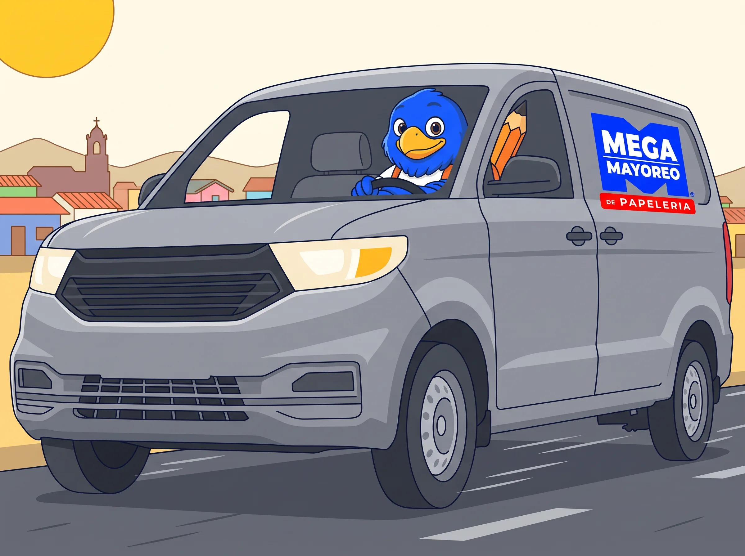 Mayos, la mascota de Mega Mayoreo, manejando la camioneta de reparto rumbo a un pueblo pequeño de la zona oriente de Morelos, con la torre de una iglesia a lo lejos