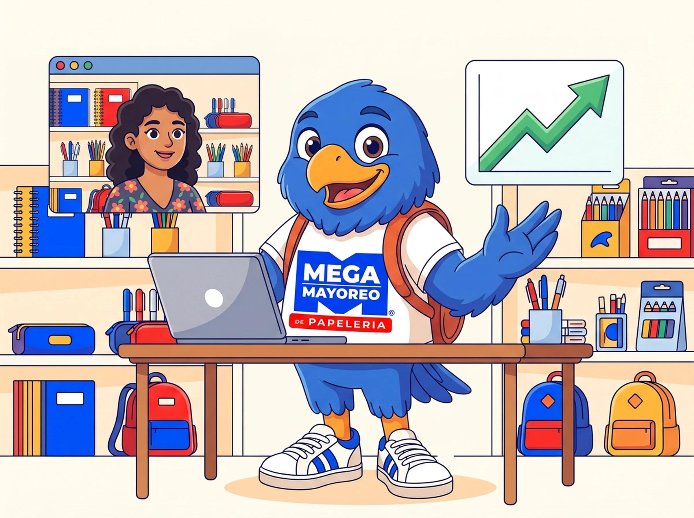 Ilustración de Mayos, la mascota de Mega Mayoreo, en videollamada mostrando una gráfica de crecimiento, mientras la dueña de una papelería lo escucha atenta desde su tienda