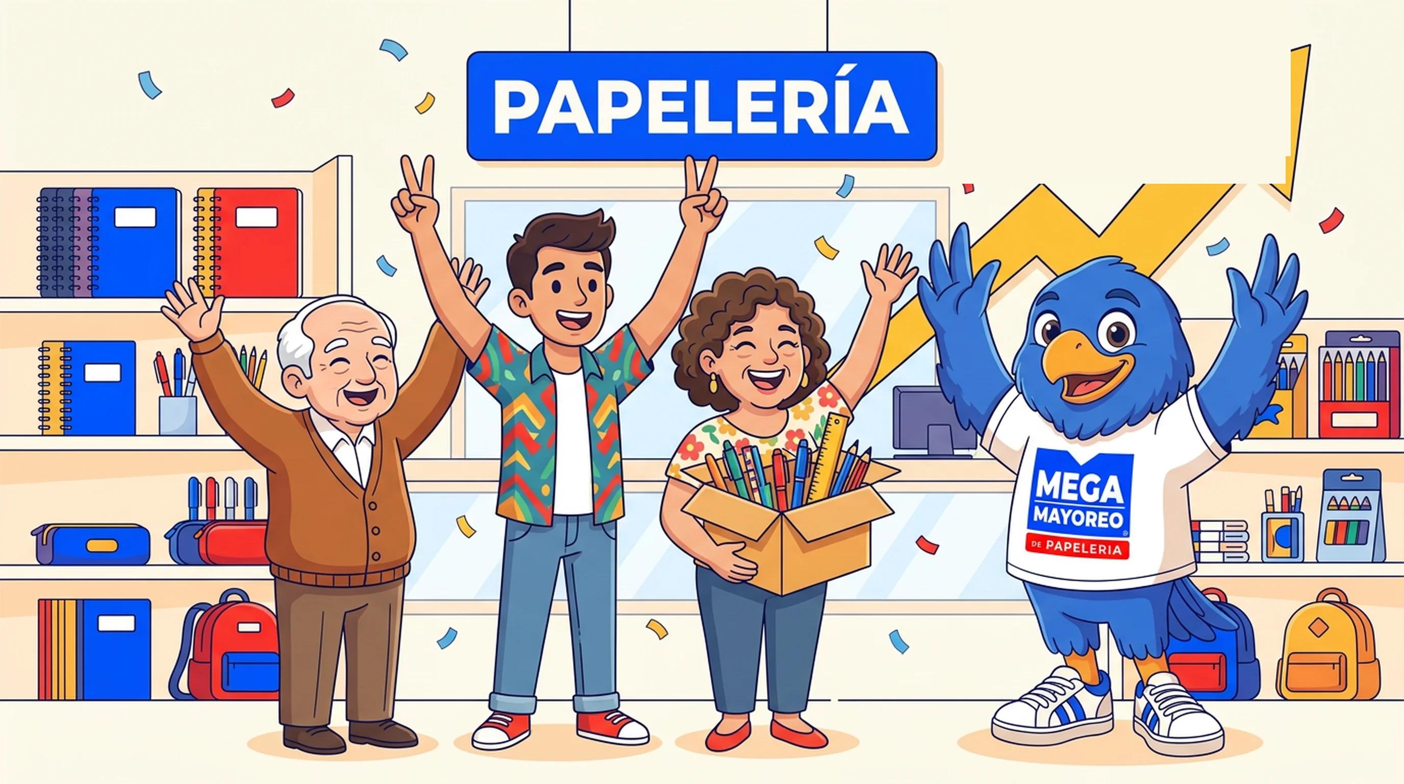 Ilustración de tres emprendedores mexicanos de distintas generaciones celebrando con las manos arriba junto a Mayos, la mascota de Mega Mayoreo, frente a un letrero de Papelería y una flecha de crecimiento