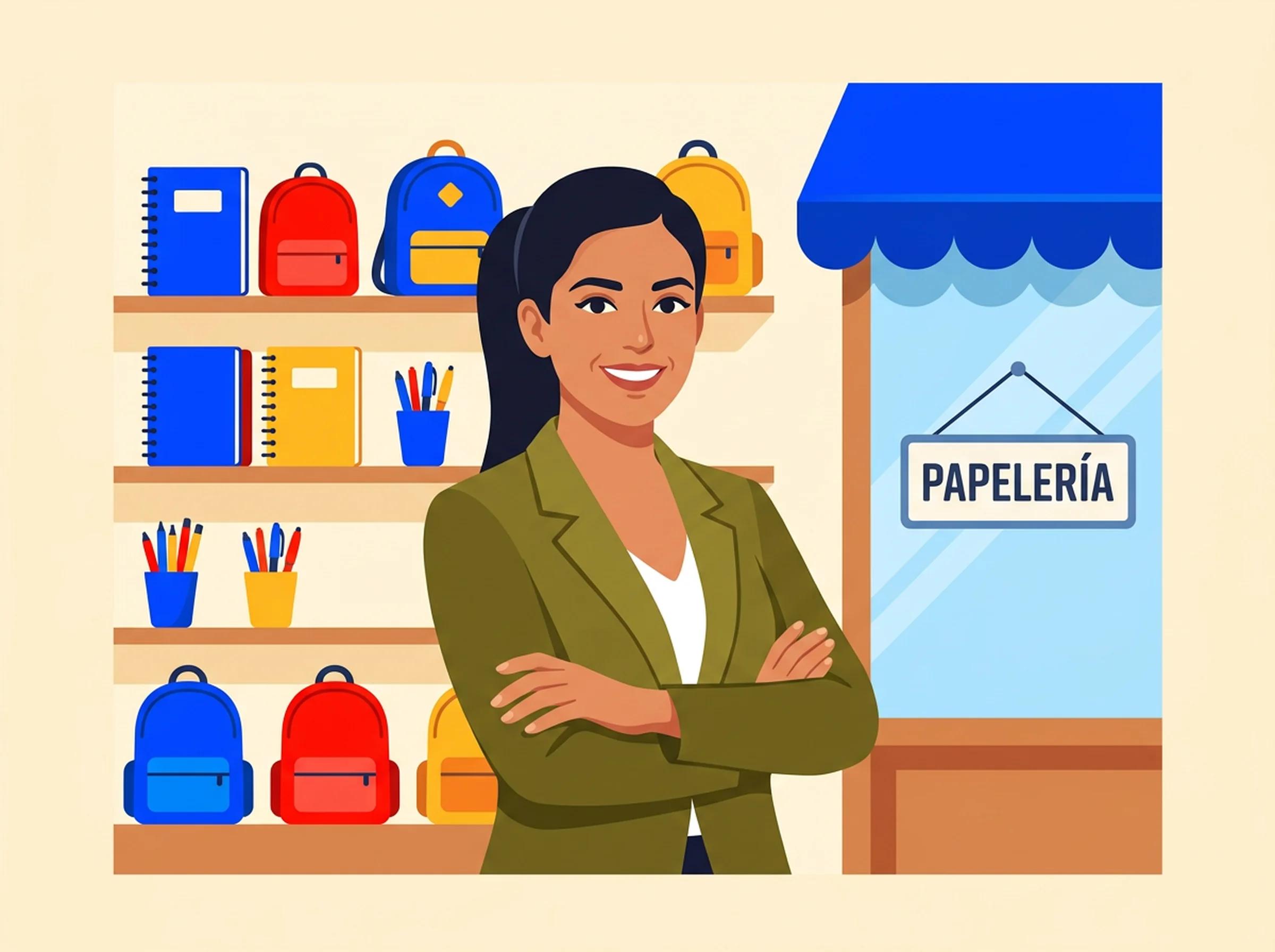 Ilustración de la dueña de una papelería mexicana de pie con los brazos cruzados, sonriente y segura, frente a los anaqueles bien surtidos de su tienda