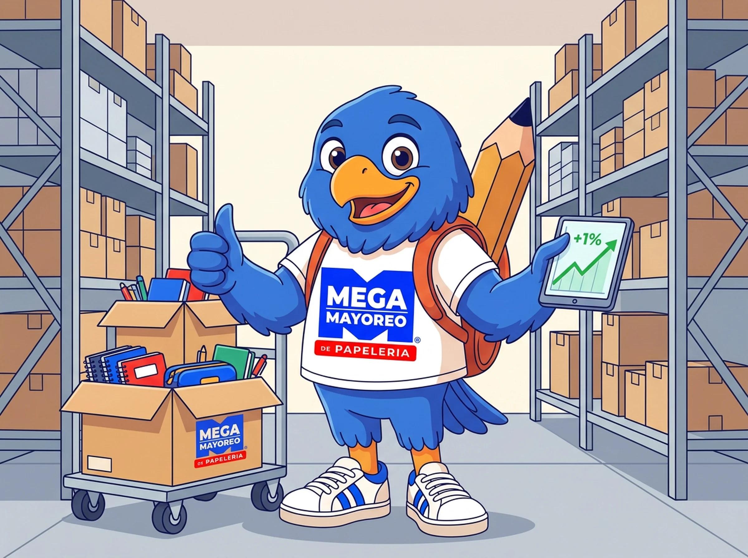 Ilustración de Mayos, la mascota de Mega Mayoreo, junto a un diablito con cajas abiertas de material de oficina y papelería, mostrando una tablet con una gráfica de crecimiento