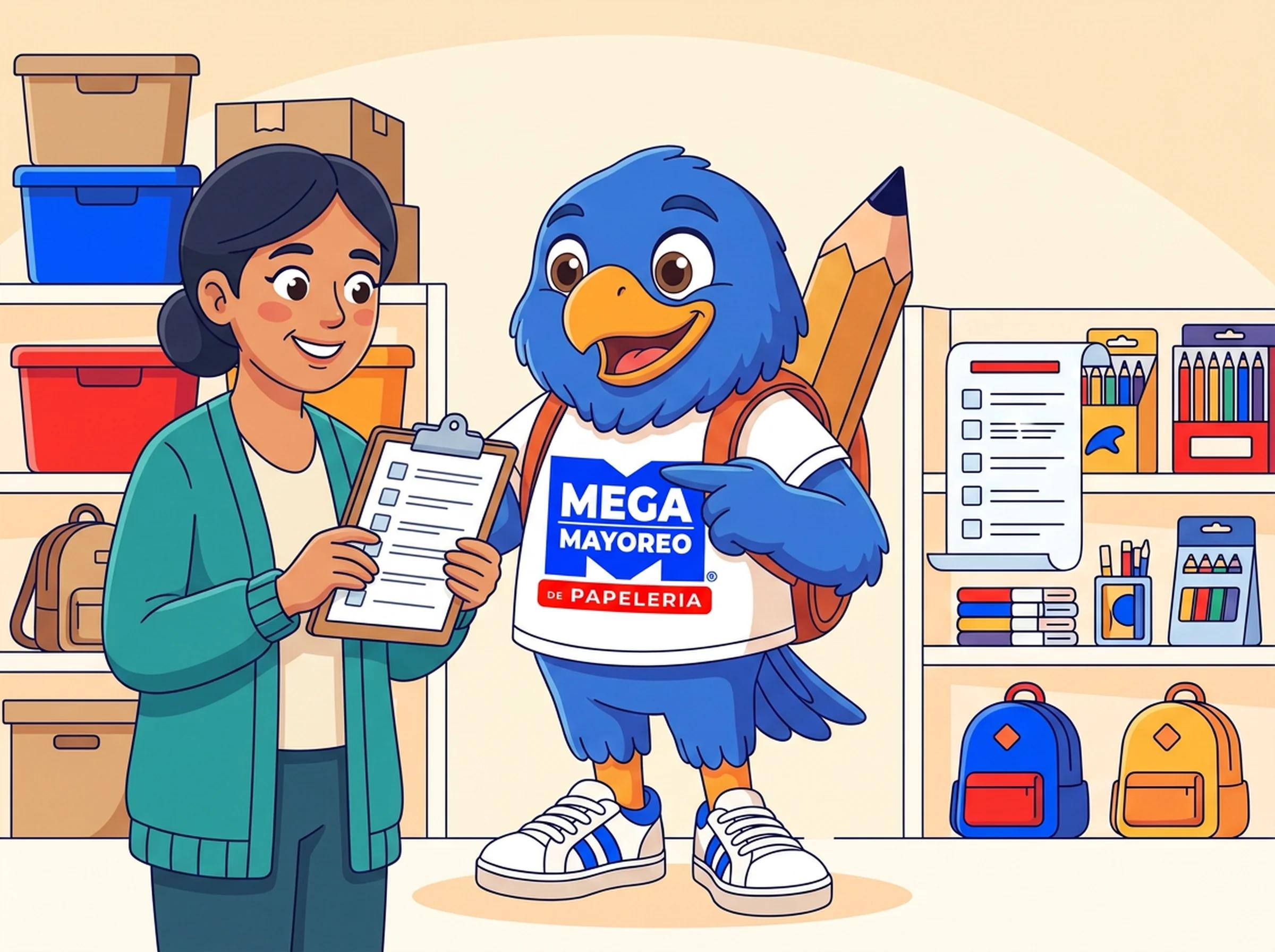 Ilustración de Mayos, la mascota de Mega Mayoreo, asesorando a una coordinadora escolar que sostiene un clipboard con una lista de verificación, rodeada de cajas y contenedores de colores con mochilas y cuadernos para el ciclo escolar