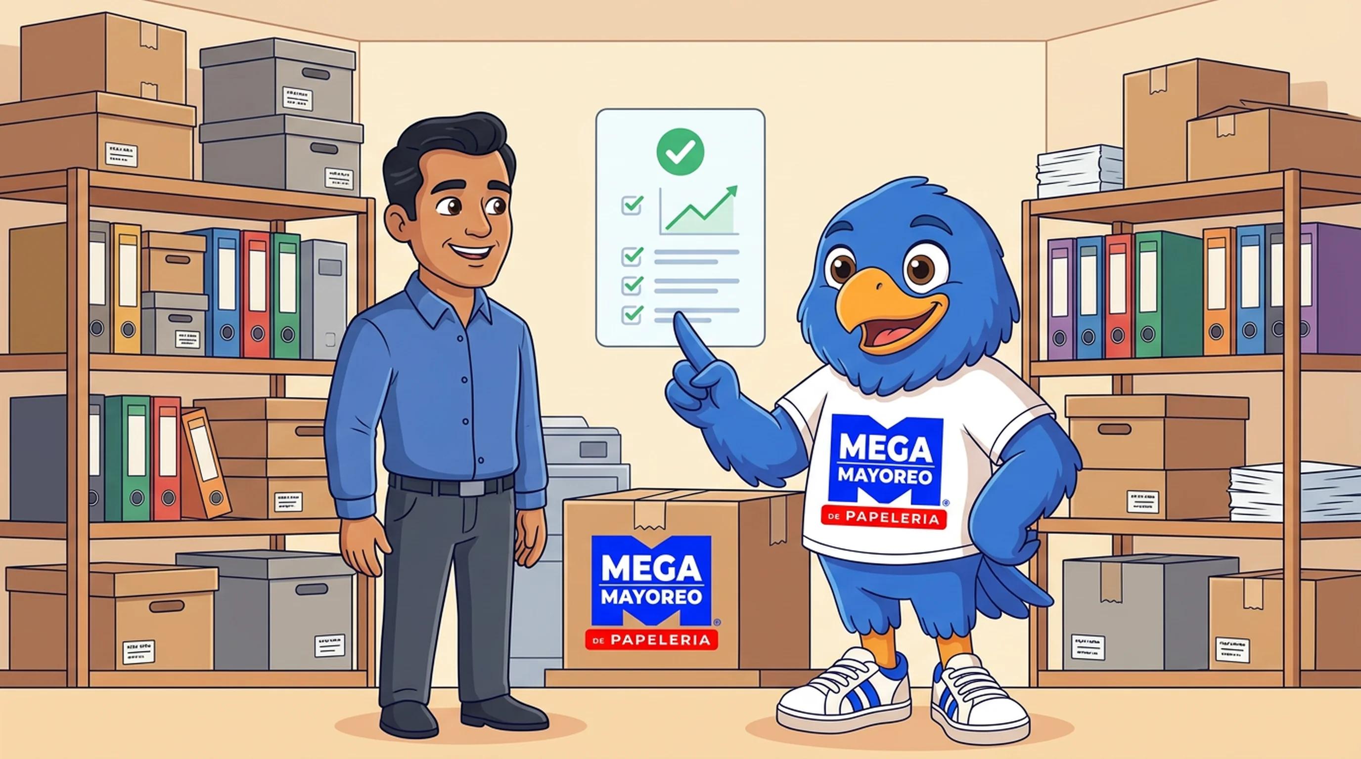 Ilustración de Mayos, la mascota de Mega Mayoreo, explicando una cotización con check de aprobación y gráfica de consumo a un profesional de oficina, frente a anaqueles de bodega con material de oficina y escolar