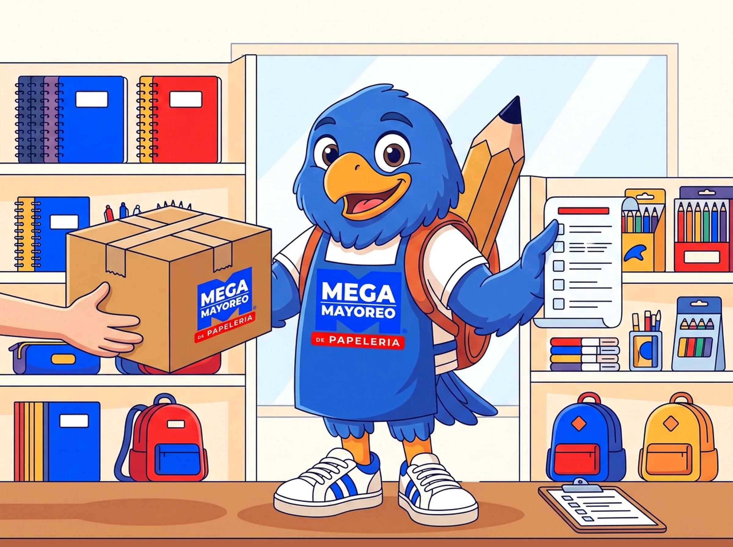 Ilustración de Mayos, la mascota de Mega Mayoreo, entregando una caja de mercancía al mayoreo en el mostrador a un revendedor, con anaqueles llenos de cuadernos y carpetas detrás
