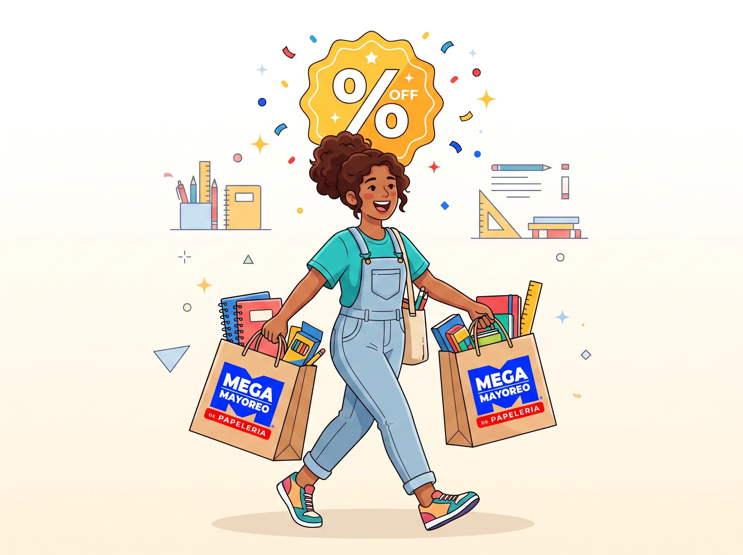 Clienta sonriente caminando con bolsas de compras llenas de artículos de papelería y una etiqueta de descuento en blanco flotando junto a ella